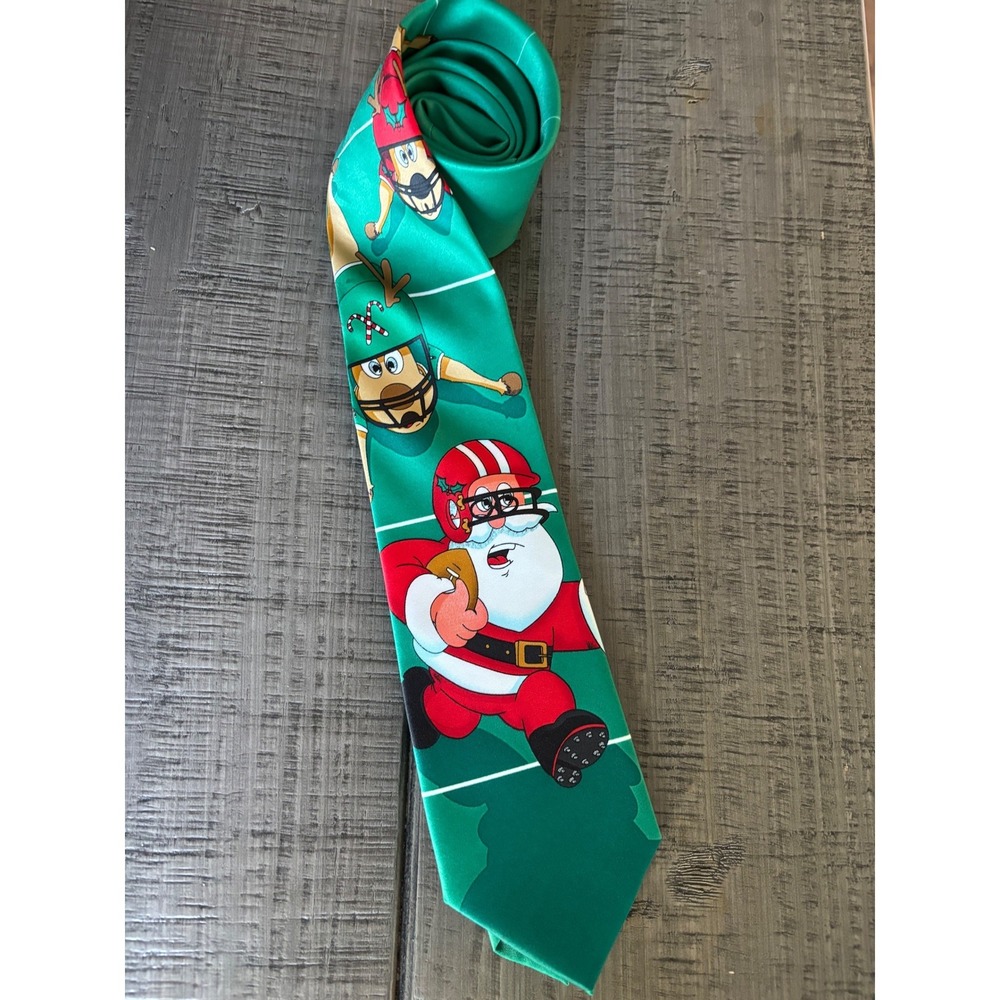 Holiday Traditions Green Santa Reindeer Football Christmas Necktie Microfiber